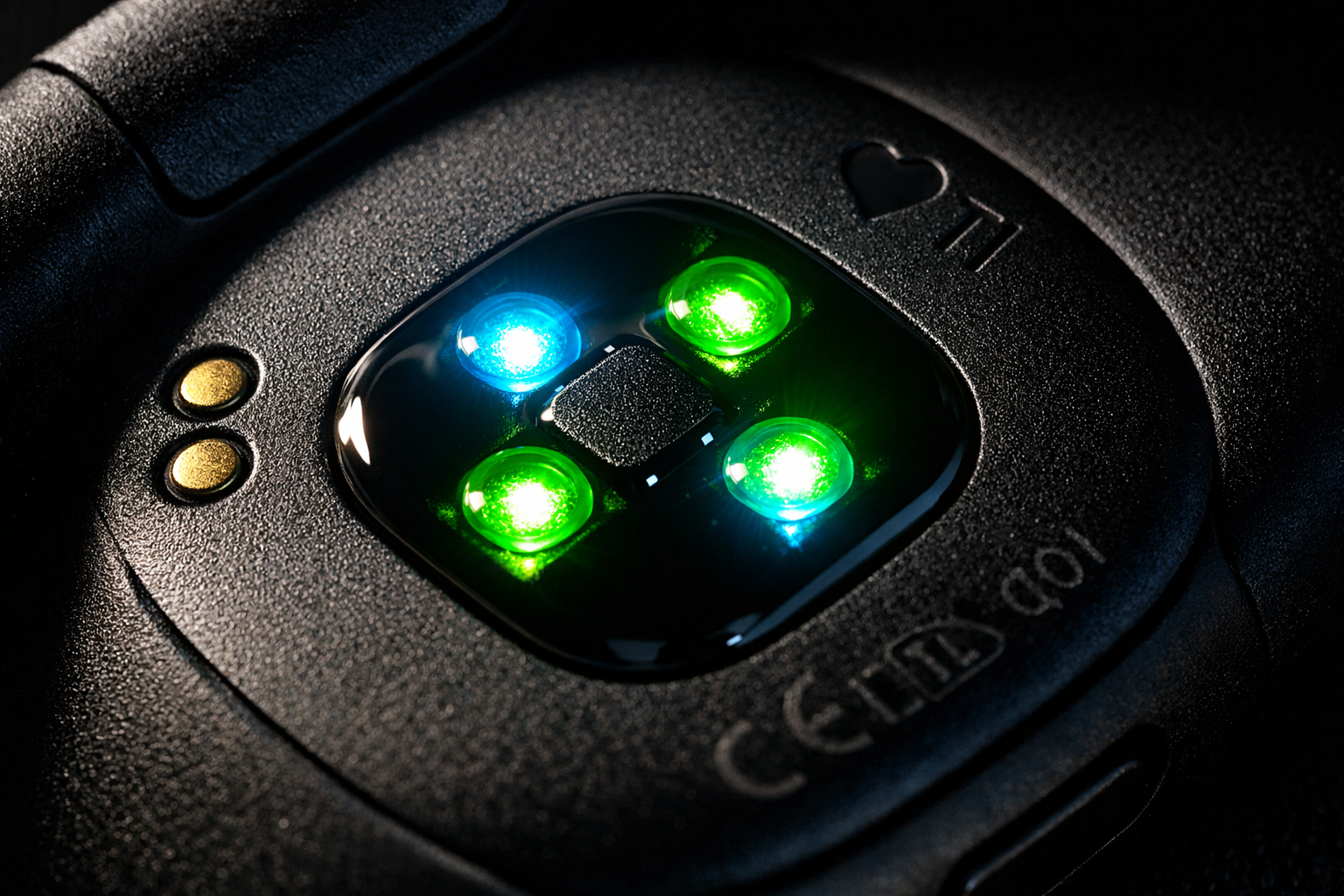 Macro view of cyan sensor array on the band underside